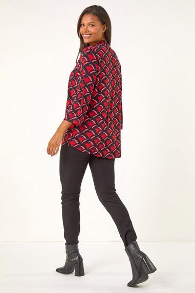 Roman Red Abstract V-Neck Pleat Front Stretch Top