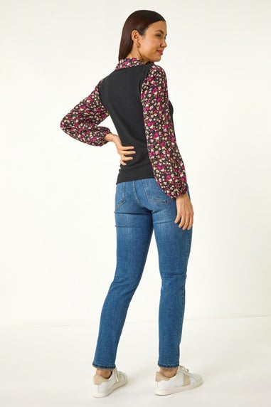 Roman Black Floral Print Sweater Vest Long Sleeve Top