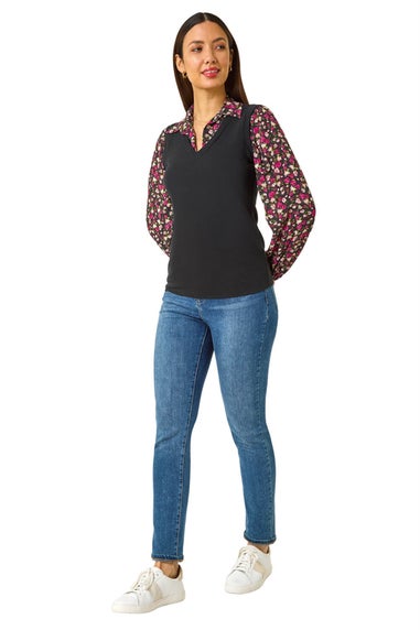 Roman Black Floral Print Sweater Vest Long Sleeve Top