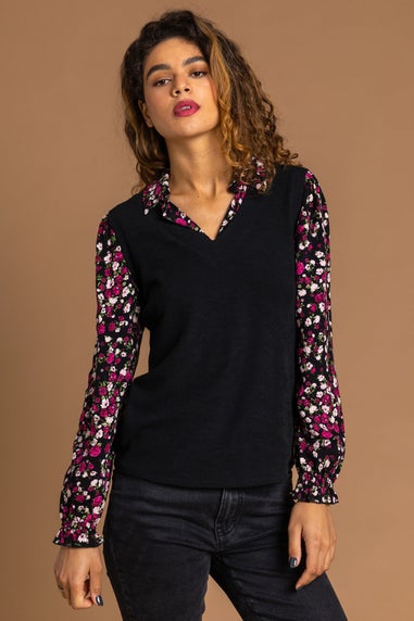 Roman Black Floral Print Sweater Vest Long Sleeve Top