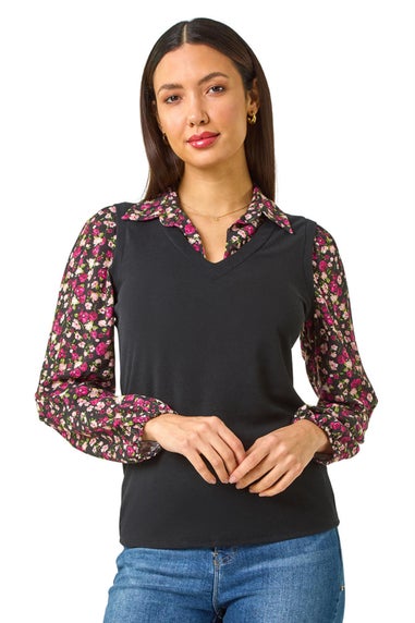 Roman Black Floral Print Sweater Vest Long Sleeve Top