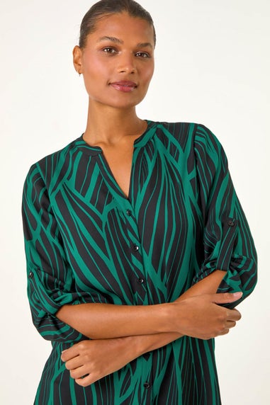 Roman Green Abstract Print V-Neck Longline Blouse