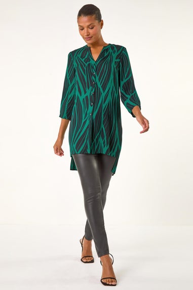 Roman Green Abstract Print V-Neck Longline Blouse