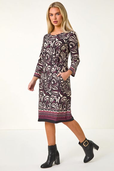 Roman Wine Petite Abstract Print Stretch Pocket Dress