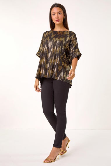 Roman Black Foil Print Button Detail Oversized Tee