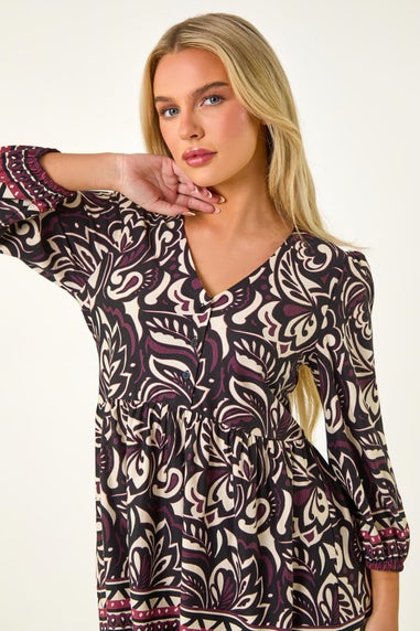 Roman Wine Petite Floral V-Neck Tunic Stretch Top