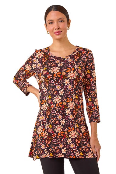 Roman Orange Floral Print Jersey Tunic Top