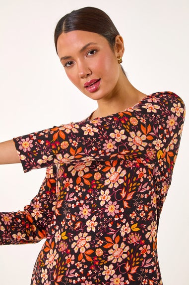 Roman Orange Floral Print Jersey Tunic Top