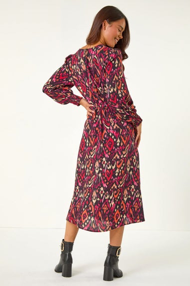 Roman Wine Petite Abstract Print Shirred Cuff Midi Dress