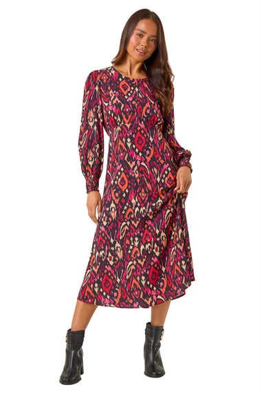 Roman Wine Petite Abstract Print Shirred Cuff Midi Dress