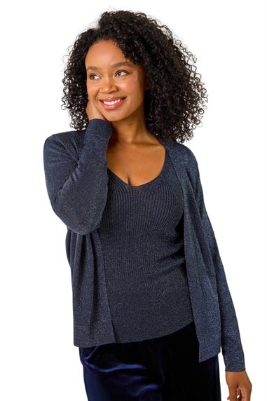 Roman Midnight Petite Sparkle Open Knit Cardigan