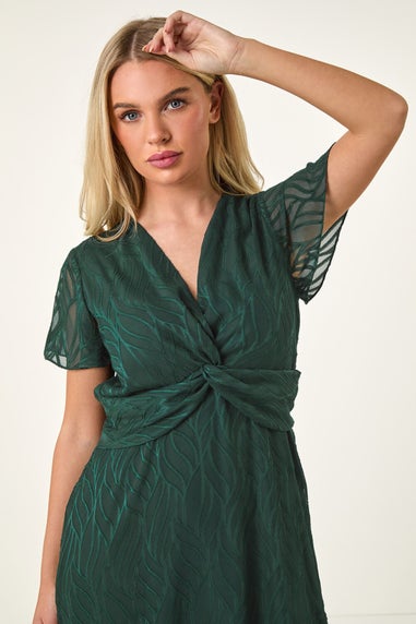 Roman Green Petite Front Twist Jacquard Dress