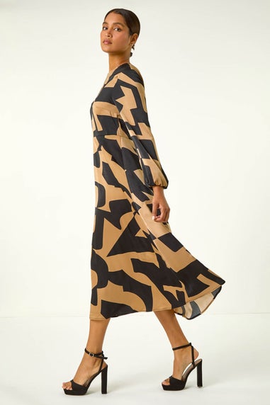 Roman Tan Geometric Colour Block Print Midi Dress