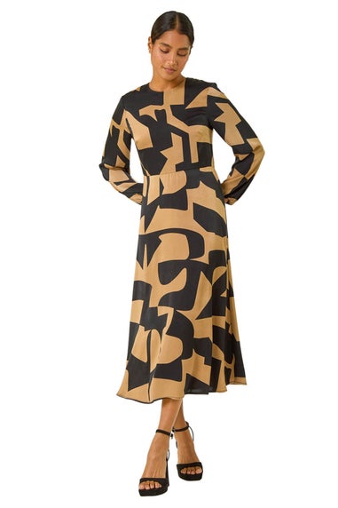 Roman Tan Geometric Colour Block Print Midi Dress