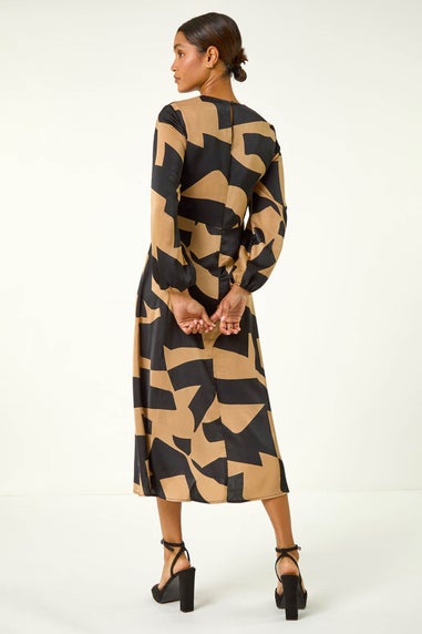 Roman Tan Geometric Colour Block Print Midi Dress