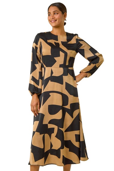 Roman Tan Geometric Colour Block Print Midi Dress