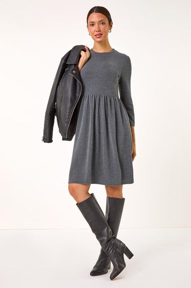 Roman Grey Ribbed Gathered Waist Stretch Dress