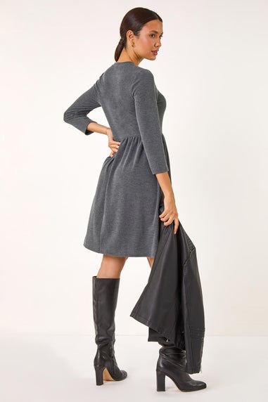 Roman Grey Ribbed Gathered Waist Stretch Dress