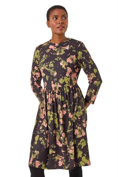 Roman Peach Floral Print Ribbed Gathered Waist Stretch Dress