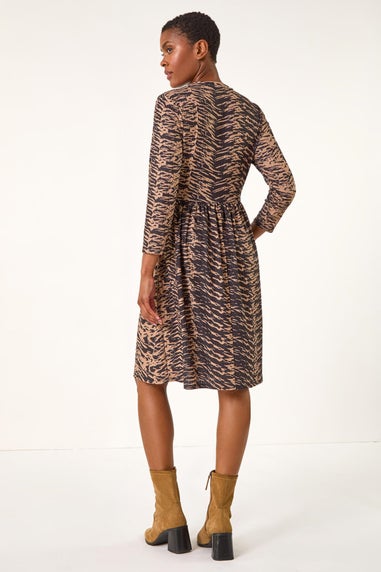 Roman Camel Animal Print Ribbed Gathered Waist Stretch Dress