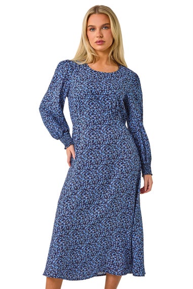 Roman Navy Petite Print Shirred Cuff Midi Dress