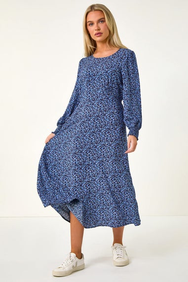 Roman Navy Petite Print Shirred Cuff Midi Dress