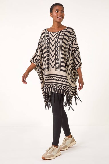 Roman Black Tribal Pattern Fringe Poncho Jumper