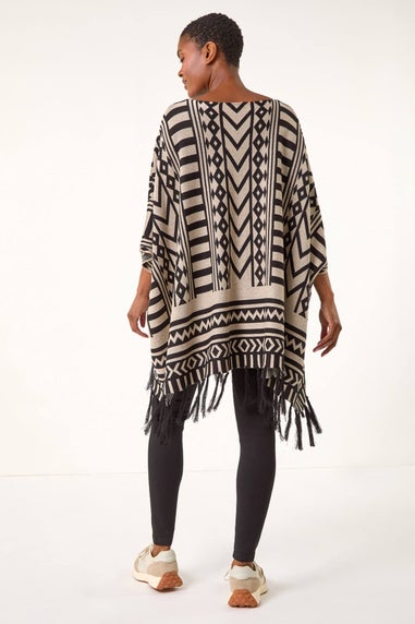 Roman Black Tribal Pattern Fringe Poncho Jumper