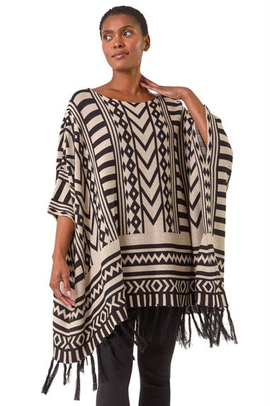 Roman Black Tribal Pattern Fringe Poncho Jumper