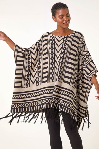 Roman Black Tribal Pattern Fringe Poncho Jumper