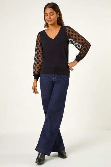 Roman Black Polka Dot V-Neck Sleeve Knit Jumper