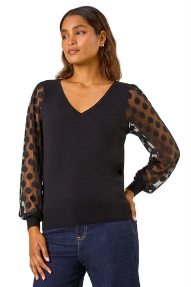 Roman Black Polka Dot V-Neck Sleeve Knit Jumper