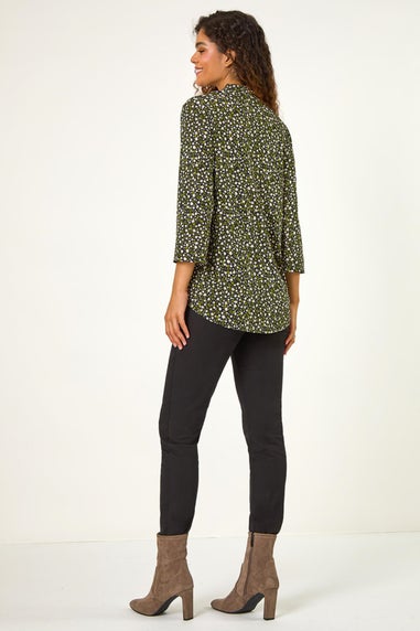 Roman Green Spot Print V-Neck Pleat Front Top