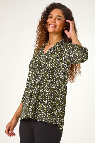 Roman Green Spot Print V-Neck Pleat Front Top