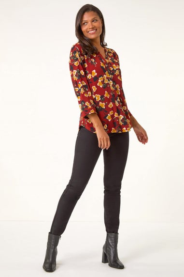 Roman Wine Button Detail Floral Print Shirt