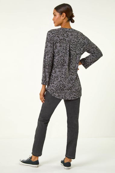 Roman Grey Animal Print Stretch Blouse