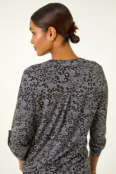 Roman Grey Animal Print Stretch Blouse