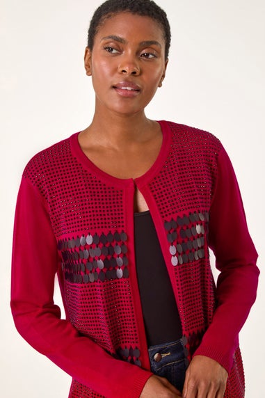 Roman Red Sequin Embellished Knit Cardigan