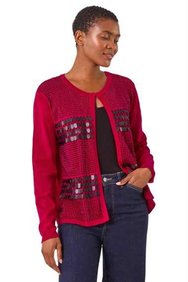 Roman Red Sequin Embellished Knit Cardigan