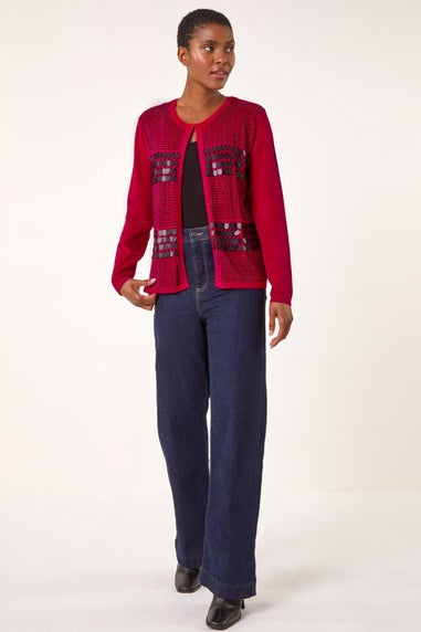 Roman Red Sequin Embellished Knit Cardigan