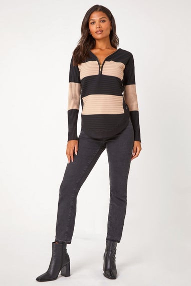 Roman Beige Cotton Blend Stripe Zip Knit Jumper