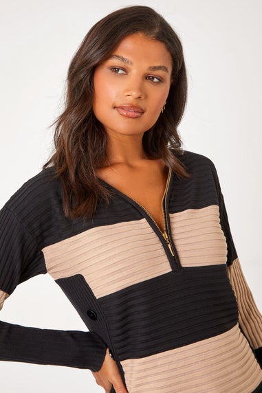 Roman Beige Cotton Blend Stripe Zip Knit Jumper