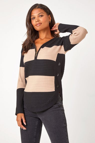 Roman Beige Cotton Blend Stripe Zip Knit Jumper