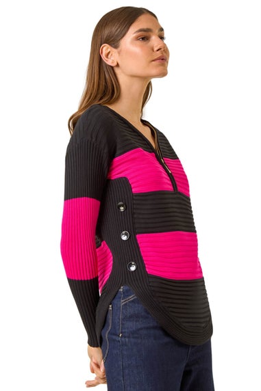 Roman Cerise Cotton Blend Stripe Zip Knit Jumper