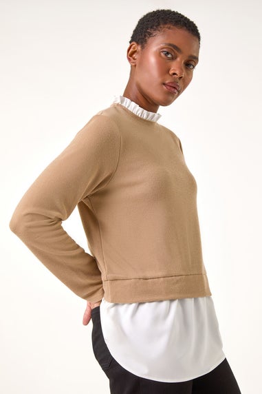 Roman Camel Frill Neck Contrast Jersey Top