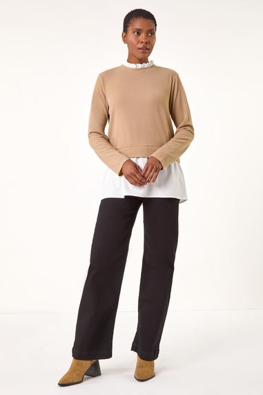 Roman Camel Frill Neck Contrast Jersey Top