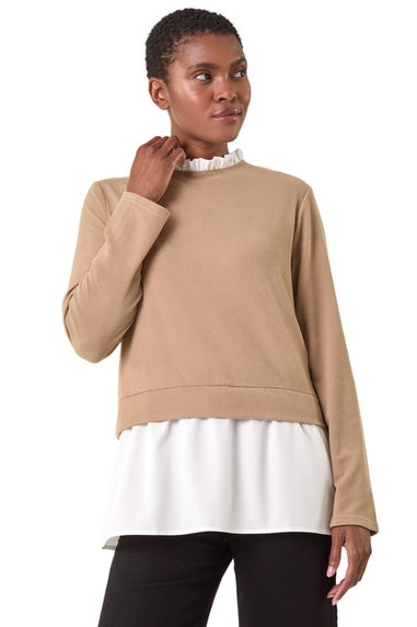 Roman Camel Frill Neck Contrast Jersey Top