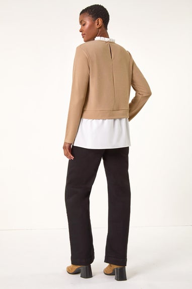 Roman Camel Frill Neck Contrast Jersey Top