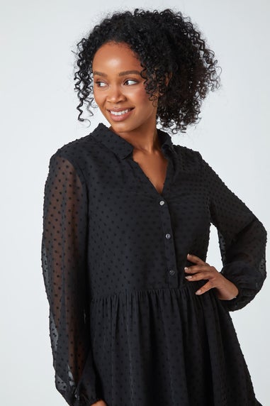 Roman Black Petite Textured Spot Chiffon Tiered Dress