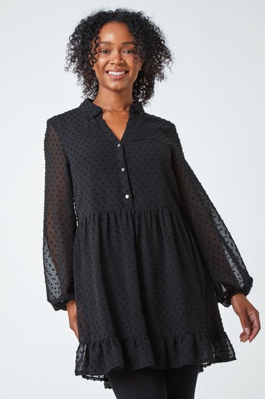 Roman Black Petite Textured Spot Chiffon Tiered Dress